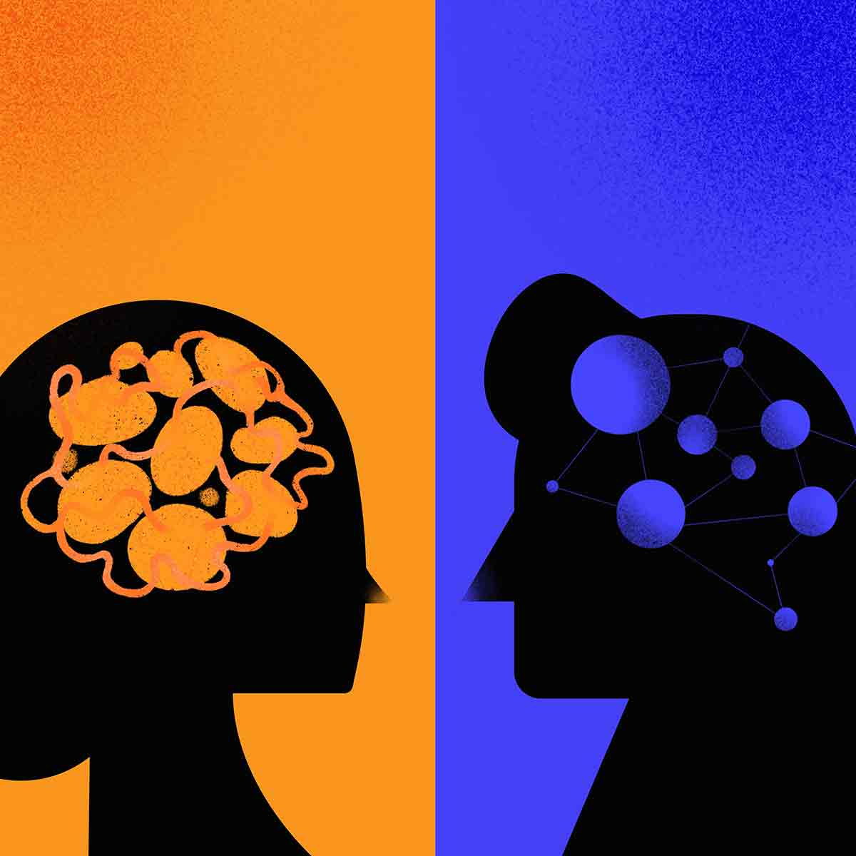 Abstract illustration of two silhouettes of different women whose brains are wired differently.