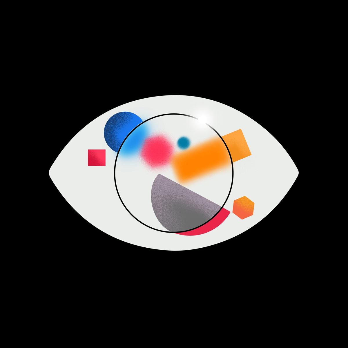 An abstract illustration of an eye that contains various geometric shapes. Some of them are blurred, lack focus, or are deficient in certain colours.