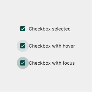 Three selected checkboxes. The second with hover and third with focus state.