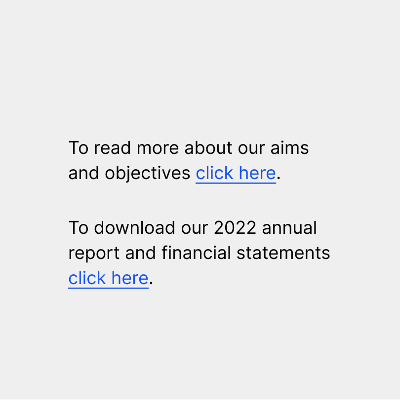 Two examples of bad link text that read "To read more about our aims and objectives click here." and "To download our 2022 annual report and financial statements click here." In both examples the only target text is "click here".