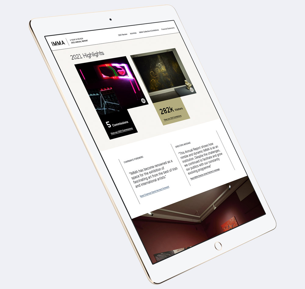 An iPad mockup showing the IMMA Annual Report website homepage.